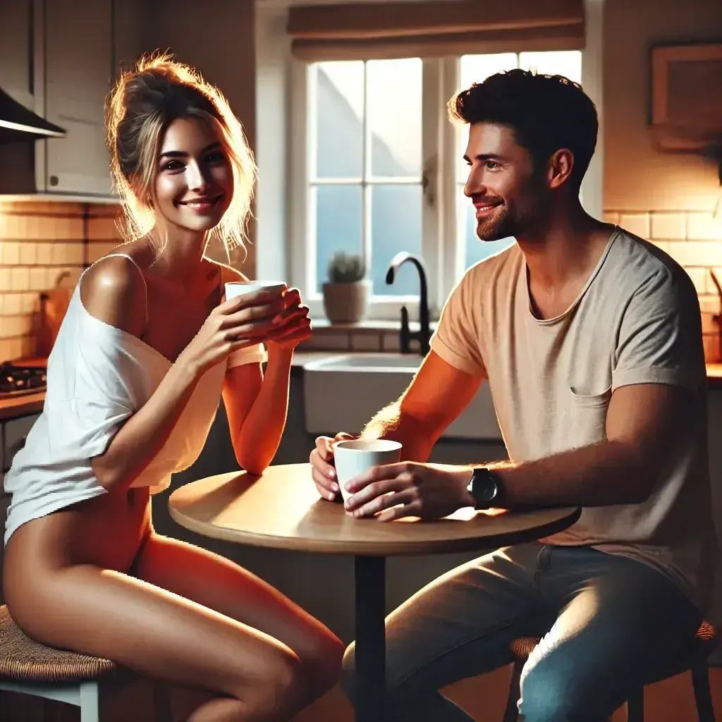 Tony (42), Miriam (ca. 30) nach dem Sex beim Kaffee