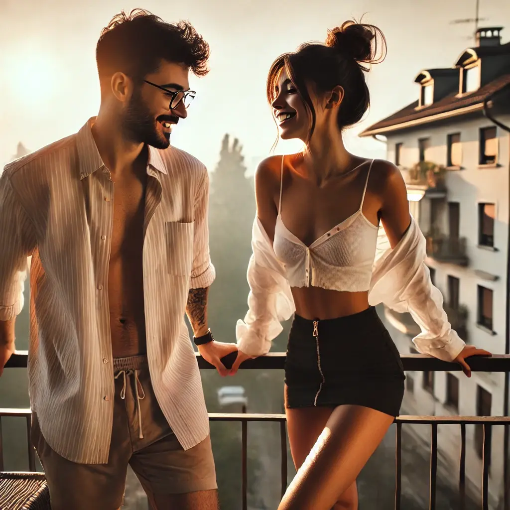 Tony (32) mit Sie (27) auf dem Balkon